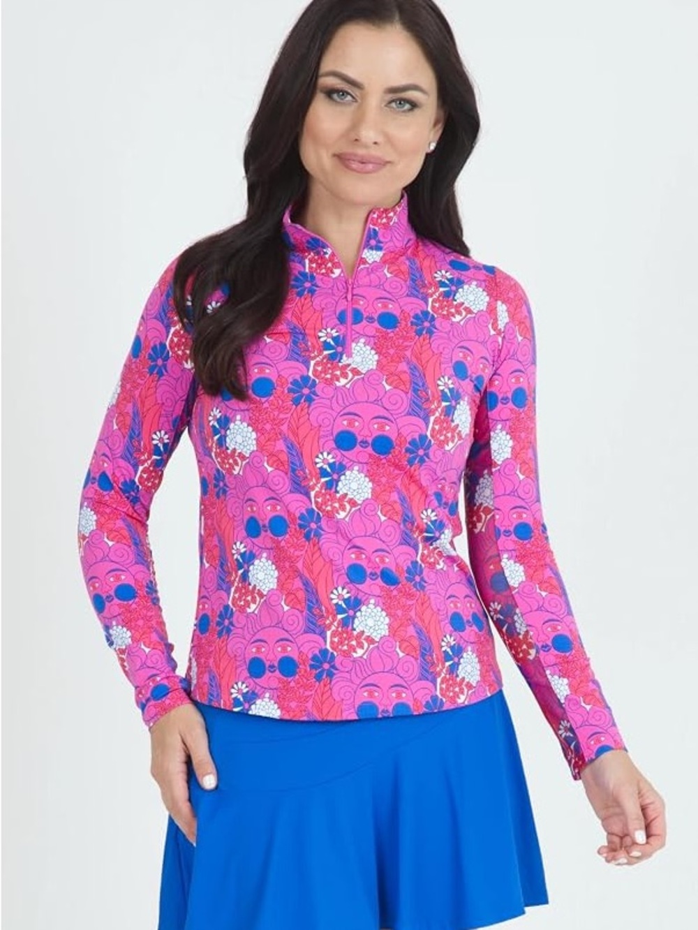 IBKUL Quarter Zip Mock Neck Top In Nadia Hot Pink Floral Golf Size XXL